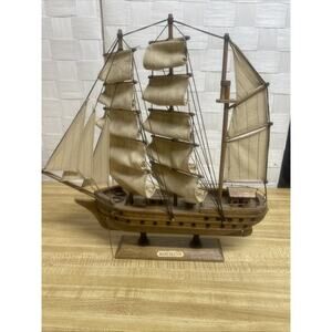 Vintage - Handmade Manchester Wood & Fabric Sailboat Tall Ship Model (13” tall)
